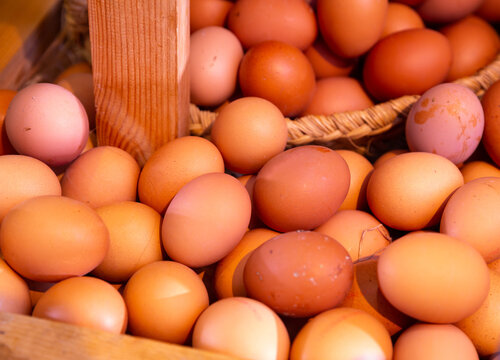 Basket of fresh eggs closeup. High quality photo