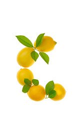 Vitamin C. Letter C made from lemons with leaves isolated on white background. Health and medicine concept.