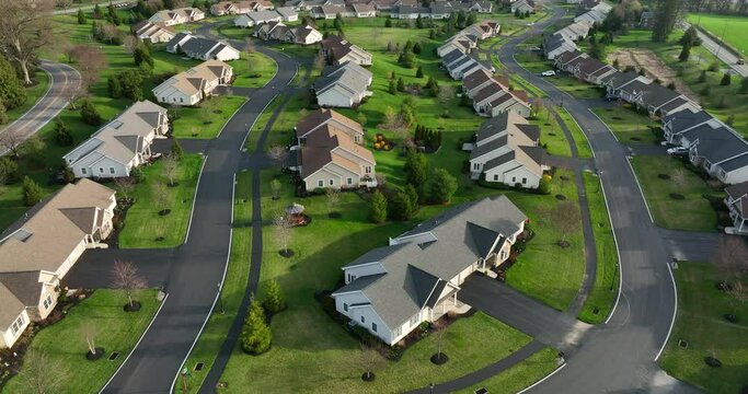 Connected duplex apartment homes. Aerial in spring at retirement village in America.
