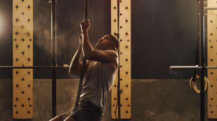 Climb your way to the top. Shot of a muscular young man climbing a rope in a gym.