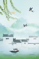Crédence de cuisine en verre imprimé Bleu clair Chinese wind solar terms Jiangnan landscape illustration