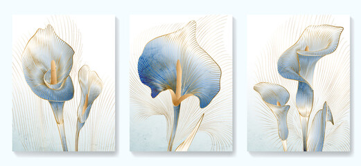 Abstract art background with golden and blue calla flowers in line art style.. Botanical poster with watercolor leaves in art line style for decor, design, wallpaper, packaging - obrazy, fototapety, plakaty