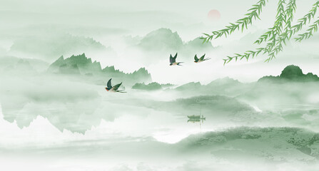 Chinese wind solar terms Jiangnan landscape illustration - obrazy, fototapety, plakaty