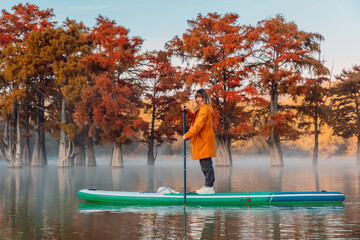 Young woman on stand up paddle board at the lake with swamp trees in morning
