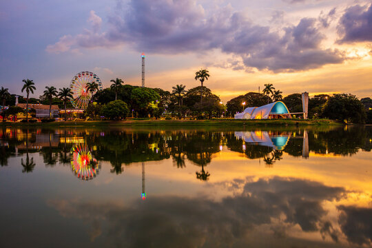 Sunset at the Pampulha lagoon, in Belo Horizonte, overlooking the Church of Sao Francisco de Assis and Guanabara Park.