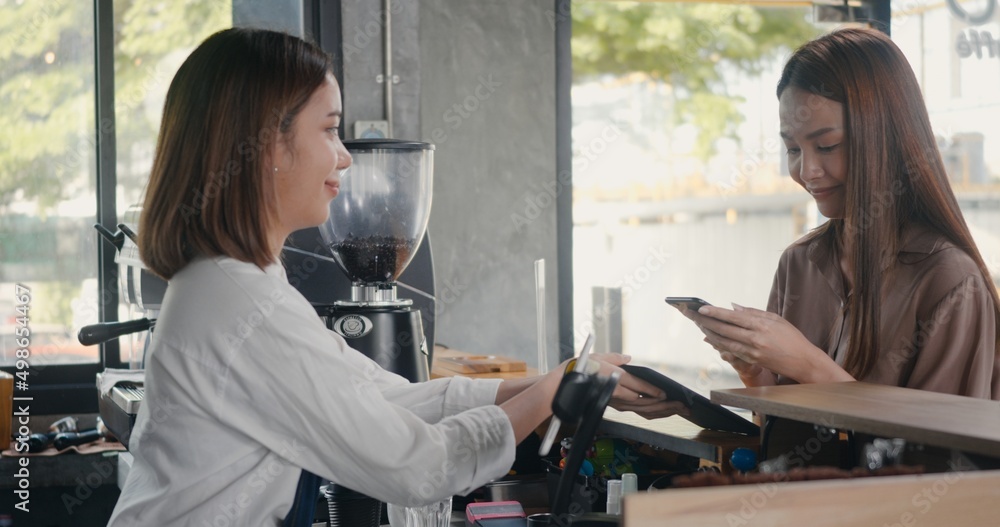 Poster qr code payment, customer woman using digital smartphone application scanning qr code payment withou