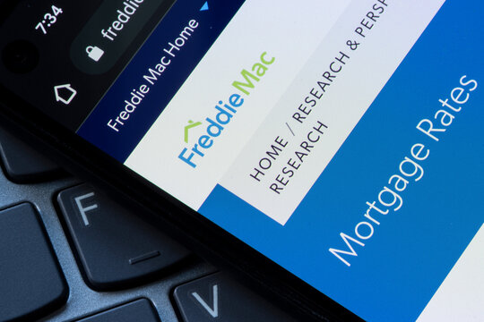 Portland, OR, USA - Apr 8, 2022: The mortgage rates page is seen on Freddie Mac's website on a smartphone. U.S. Mortgage rates are now rising at the fastest pace since 1994.
