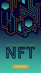 NFT concept, blockchain technology, cryptocurrency. Non-fungible token Work. Futuristic background, with elements in techno style microchips. Banner template design for web. Copyspace.