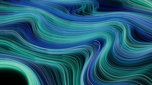 Abstract Neon Background with Blue, Purple and Green Curves. 3D Render.