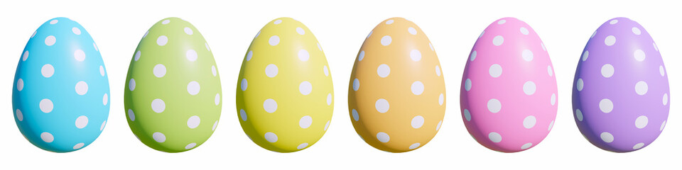 Collection of happy colorful easter eggs with white polka dots ornament isolated on white background 3d render illustration. Set of clip art design elements. Pastel colors Easter egg hunt template. 