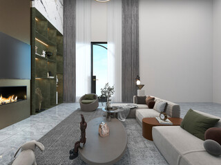 3D rendering, spacious modern residential living room design decorated with red brick walls, with sofa, tea table, TV and other decorations.