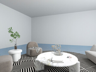 3D rendering, spacious modern residential living room design decorated with red brick walls, with sofa, tea table, TV and other decorations.
