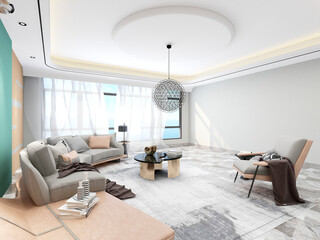 3D rendering, spacious modern residential living room design decorated with red brick walls, with sofa, tea table, TV and other decorations.