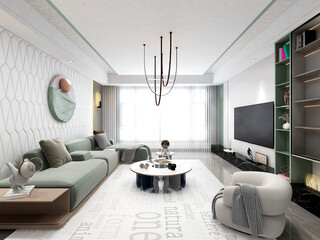 3D rendering, clean and tidy modern living room design, entrance with shoe cabinet, sofa, TV, table, leisure chair and other facilities