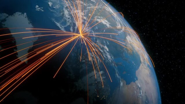 Earth in Space. Orange Lines connect Oslo, Norway with Cities across the World. Worldwide Travel or Business Concept.