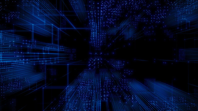 Neural Network. Intelligent Smart Grid and AI Concept. Blue Tech Background. 3D Render.