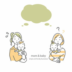 赤ちゃんとお母さん　悩み　シンプルでお洒落な線画イラスト