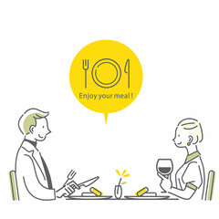 外食を楽しむカップル　シンプルでお洒落な線画イラスト