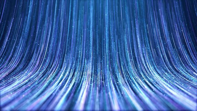 Blue particles streaks rising is a spectacular motion graphics background. Blue-violet particle rays continue to rise, elegant particle stripes flow, beautiful dream wedding stage background.