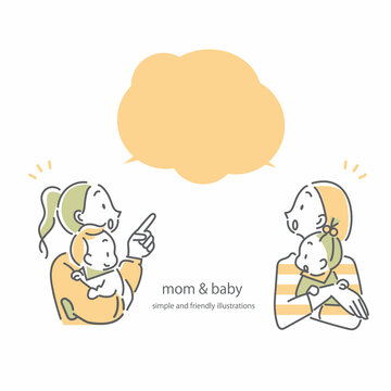 赤ちゃんとお母さん　驚く　シンプルでお洒落な線画イラスト