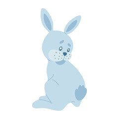 Funny Easter cartoon rabbit character. Bunny blue on a white background. For the design of children's parties, postcards, prints on T-shirts, etc. Symbol 2023.Vector illustration.