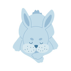 Funny Easter cartoon rabbit character. Bunny blue on a white background. For the design of children's parties, postcards, prints on T-shirts, etc. Symbol 2023.Vector illustration.