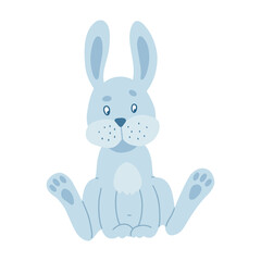Funny Easter cartoon rabbit character. Bunny blue on a white background. For the design of children's parties, postcards, prints on T-shirts, etc. Symbol 2023.Vector illustration.