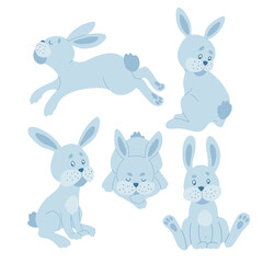 Set of cute Easter cartoon bunny characters. Rabbits are blue on a white background. For the design of children's parties, postcards, T-shirt prints, etc. Symbol 2023. Vector illustration.