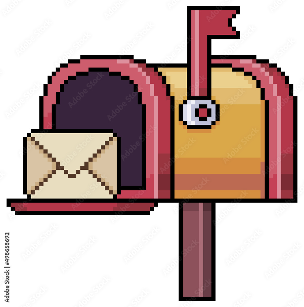 Poster pixel art red mailbox and letter vector icon for 8bit game on white background