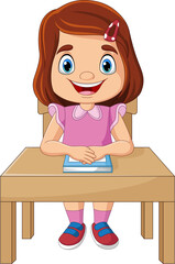 Cartoon little girl studying on the desk