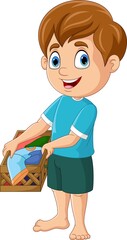 Cartoon little boy with a basket of clothes