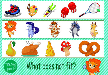 Fototapeta premium children's development tasks. find the missing item. sports, animals and food.