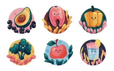 Set of various cute happy characters healthy food collection. Cute broccoli, apple, bell pepper, glass of clean water with lemon, avocado, red fish steak. The concept of healthy eating. Vector