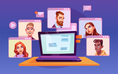 Concept of video conference and web communication. Men and women work remotely and have a virtual meeting online. Work from home, freelancing, business discussion concept. Team meeting online. Vector