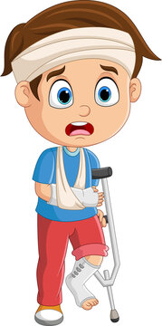 Cartoon little boy with broken arm and leg