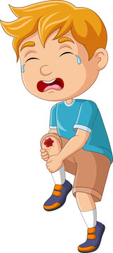 Cartoon little boy crying with scraped knee