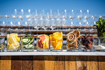 Ingredients for cocktail preparation.