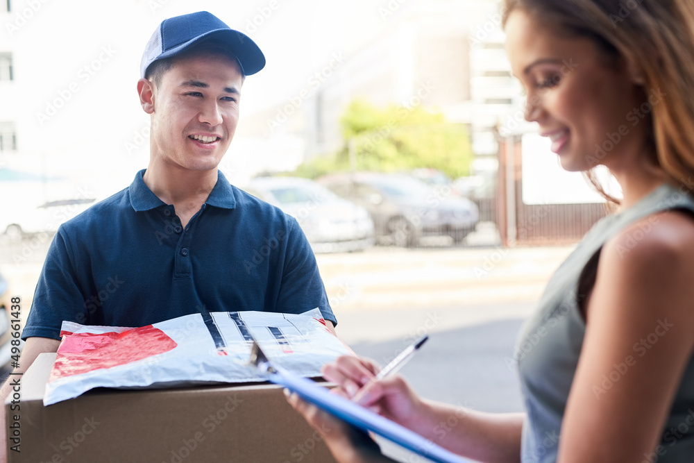 Poster getting your package delivered on time every time. cropped shot of a courier making a delivery to a 