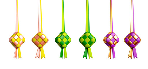 Collection of ketupat isolated on white background, ramadan kareem, eid al fitr, 3D rendering illustration.
