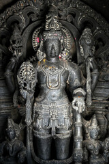 Fototapeta premium Belur, Karnataka, India - Dec 19 2021, Belur and Halebidu temple carvings and sculptures, Hoysala temples - Chennakeshava Temple.