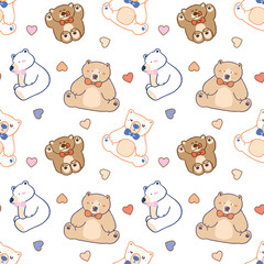 Seamless Pattern with Cute Cartoon Bear and Heart Design on White Background