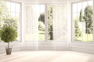 Fototapeta na wymiar White empty room concept with green home plant and summer landscape in window. Scandinavian interior design. 3D illustration