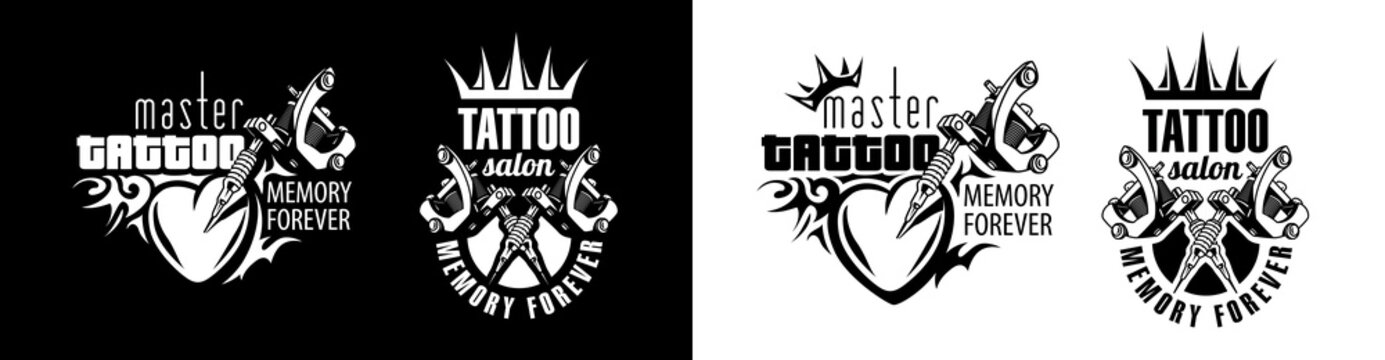 Set Of Vector Logo For Tattoo Salon On White And Black Background