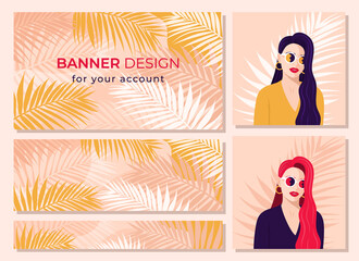 Banner and avatar for account, profile. Fashion portrait of a woman in glasses with long hair on the background of a palm tree branch in bright colors (red, blue, yellow). Vector illustration.