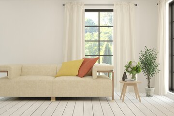 White living room with sofa and summer landscape in window. Scandinavian interior design. 3D illustration