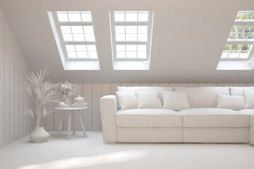 White minimalist living room with sofa. Scandinavian interior design. 3D illustration