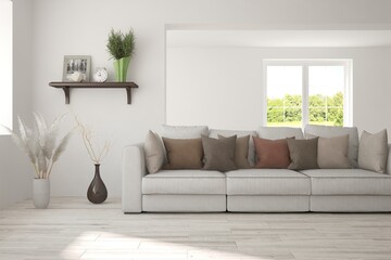 White living room with sofa. Scandinavian interior design. 3D illustration