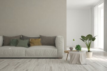 Soft color living room with sofa. Scandinavian interior design. 3D illustration