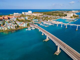 Paradise Island aerial view and Paradise Island Bridge in Nassau Harbour, New Providence Island,...
