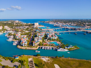 Harborside Villas aerial view and Paradise Island Bridge at Nassau Harbour, from Paradise Island, Bahamas.